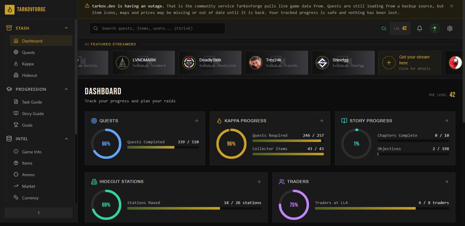 TarkovForge companion app dashboard